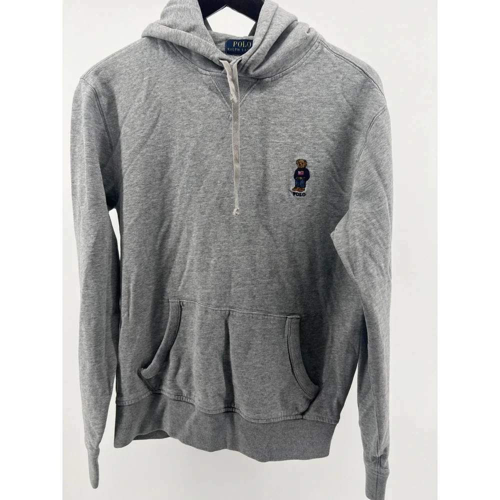 Polo Ralph Lauren Grey Hoodie Bear‎ Logo Pullover Sweatshirt Size S